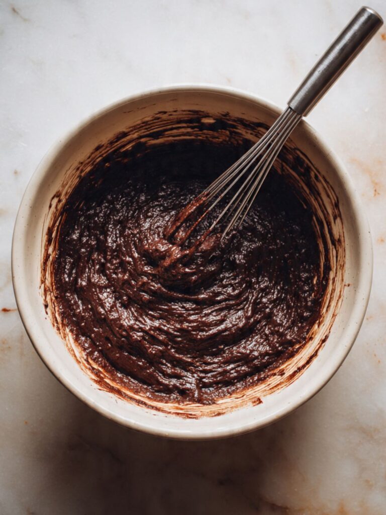 large mixing bowl with dark lumpy oreo poke cake batter just combined at 30 strokes whisk resting in bowl