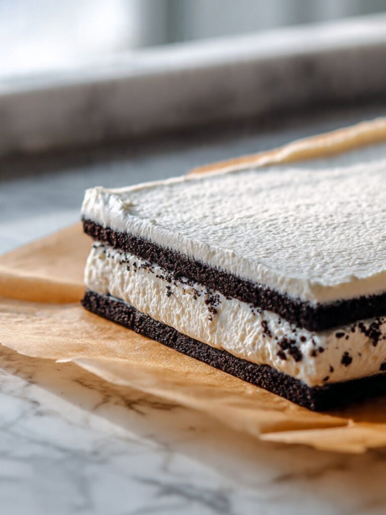 offset spatula spreading thick stabilized whipped cream over assembled rectangular 9x13 two layer oreo poke cake
