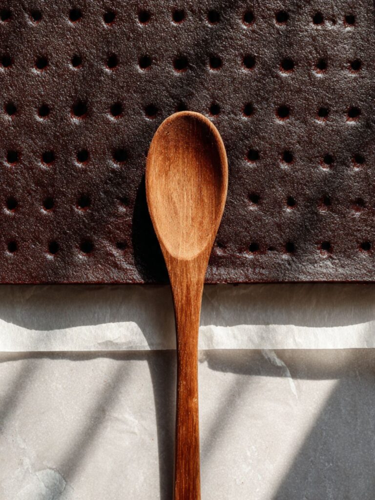 wooden spoon handle poking holes across bottom rectangular 9x13 chocolate cake layer for oreo poke cake