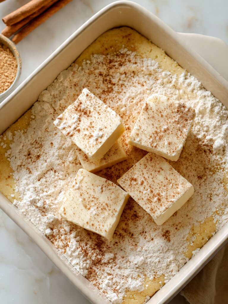 light dusting of ground cinnamon over butter pats and yellow cake mix in white baking dish before baking