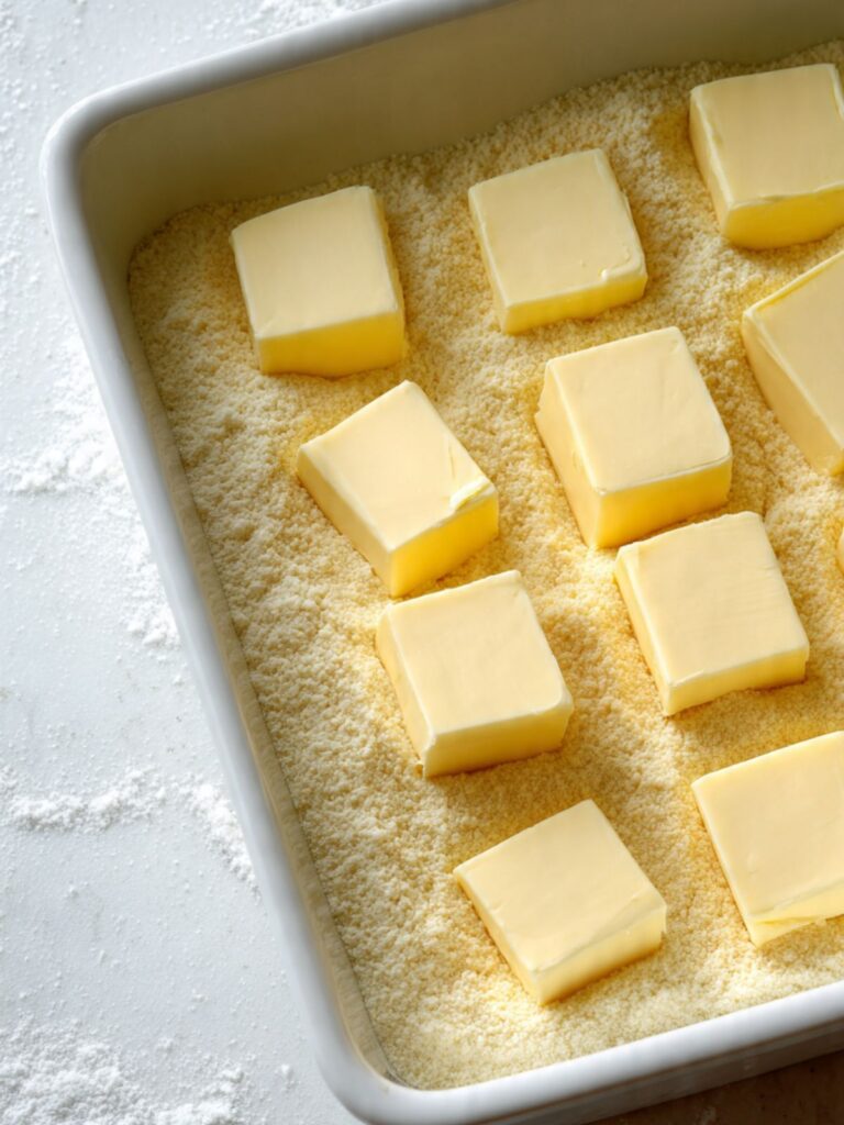 cold unsalted butter sliced into thin pats placed in rows across dry yellow cake mix in white baking dish