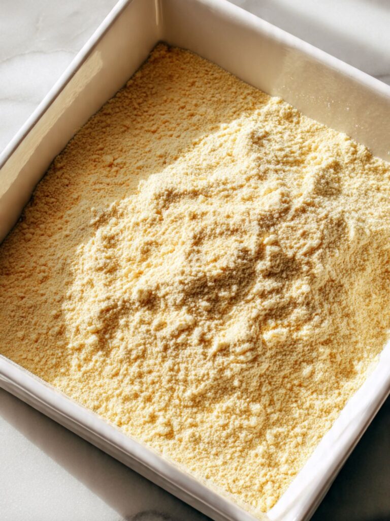 dry yellow cake mix sprinkled in even flat layer over canned peaches in white baking dish before baking