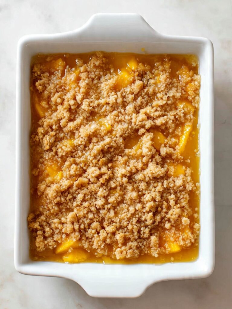 peach dump cake freshly baked in white ceramic dish with deep golden crumbly topping and bubbling peach syrup edges