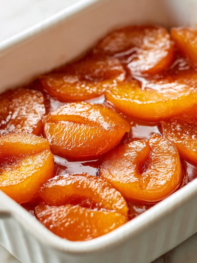 even layer of canned peaches in heavy syrup spread across white ceramic baking dish ready for cake mix