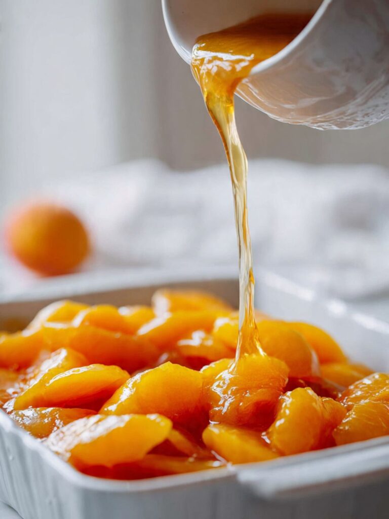 pouring canned sliced peaches in heavy syrup into white ceramic baking dish for peach dump cake