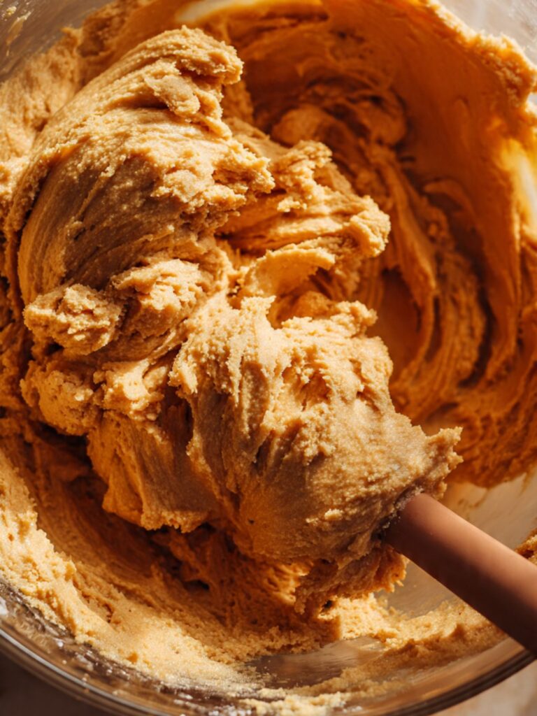 Overhead close-up of peanut butter batter with brown sugar fully incorporated, thick and grainy texture in mixing bowl
