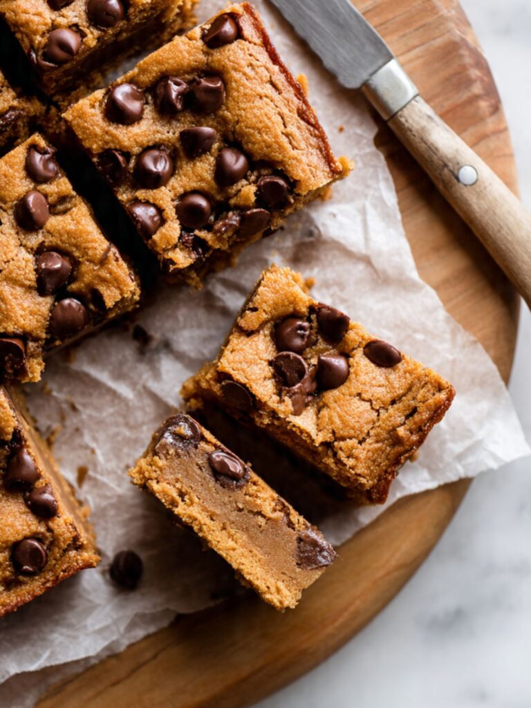 Overhead of peanut butter chocolate chip bars being cut into portions on parchment showing clean fudgy cross-section