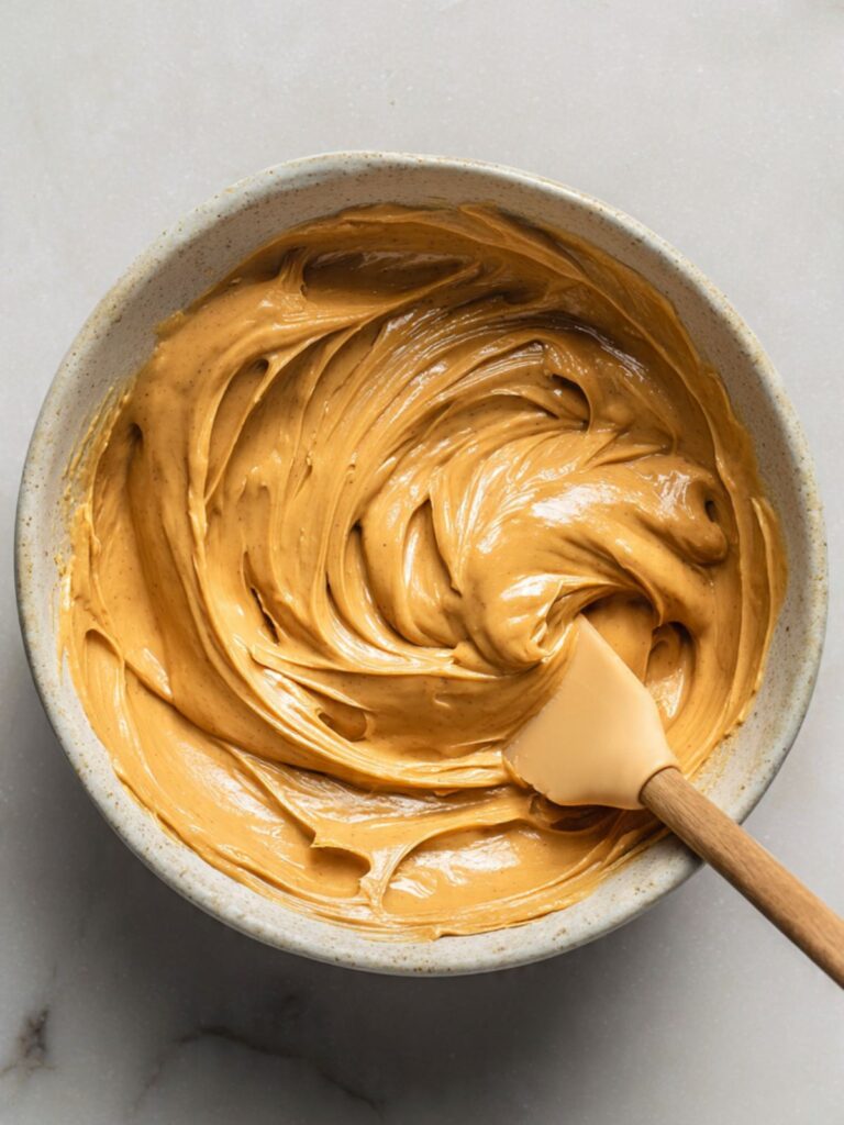 Overhead close-up of creamy peanut butter and melted butter combined in a large mixing bowl with a silicone spatula