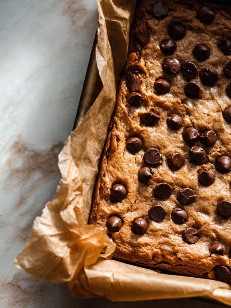 Overhead of peanut butter chocolate chip bars fresh from the oven in pan, edges set and golden, center slightly soft