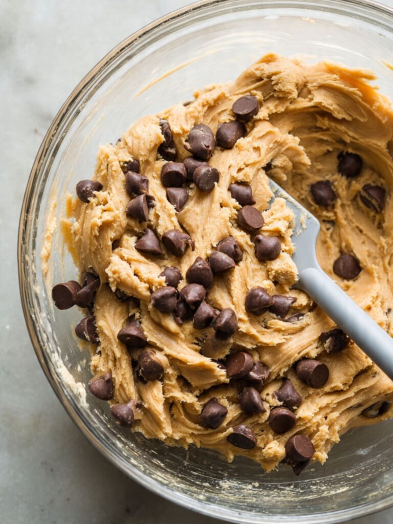 Semi-sweet chocolate chips folded into thick peanut butter cookie dough in a glass bowl showing even chip distribution