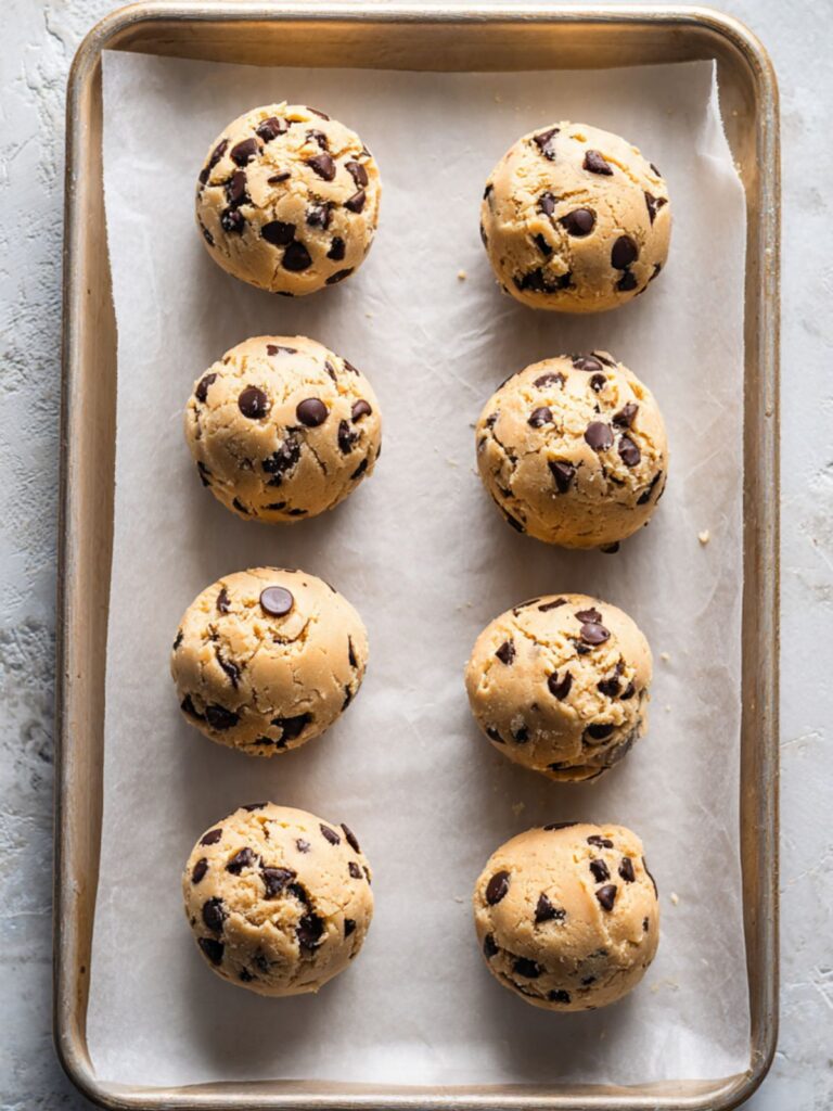 Large rounded peanut butter chocolate chip cookie dough balls spaced on a parchment lined baking sheet ready to bake