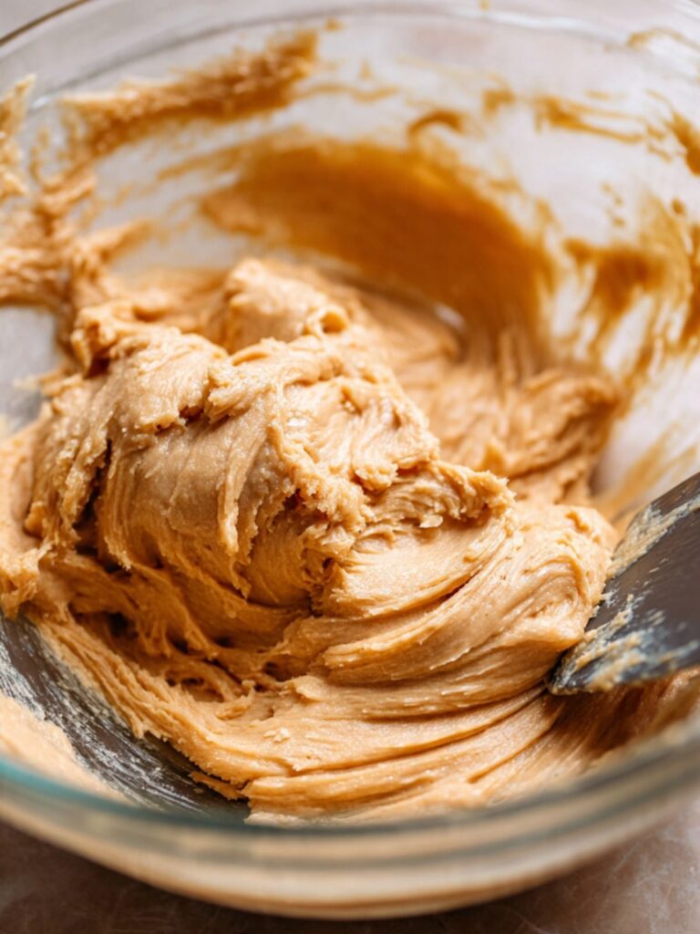 Peanut butter cookie dough in a glass bowl after egg is added showing glossy smooth texture on a marble countertop