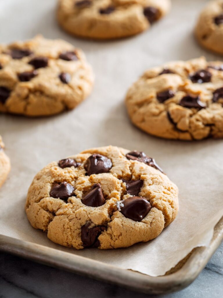 Freshly baked peanut butter chocolate chip cookies still on a parchment lined baking sheet just out of the oven with set edges and soft centers