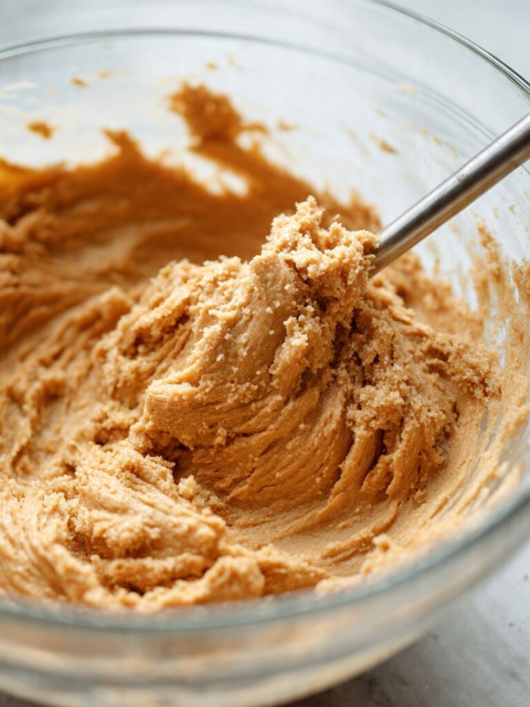 Close-up of peanut butter and brown sugar being stirred together in a large glass mixing bowl on a marble countertop