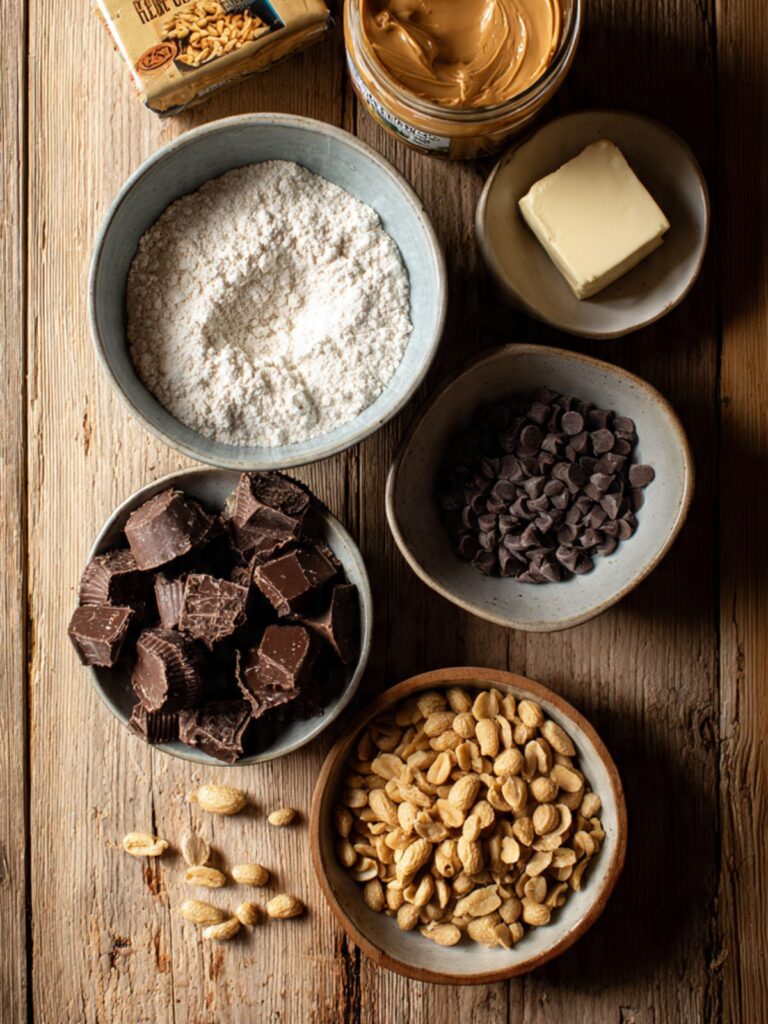 Overhead flat lay of peanut butter cup dump cake ingredients