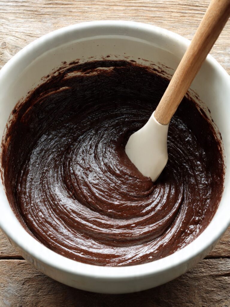 Dark chocolate devil's food cake batter in a large mixing bowl with silicone spatula, smooth and glossy, ready to pour into pan