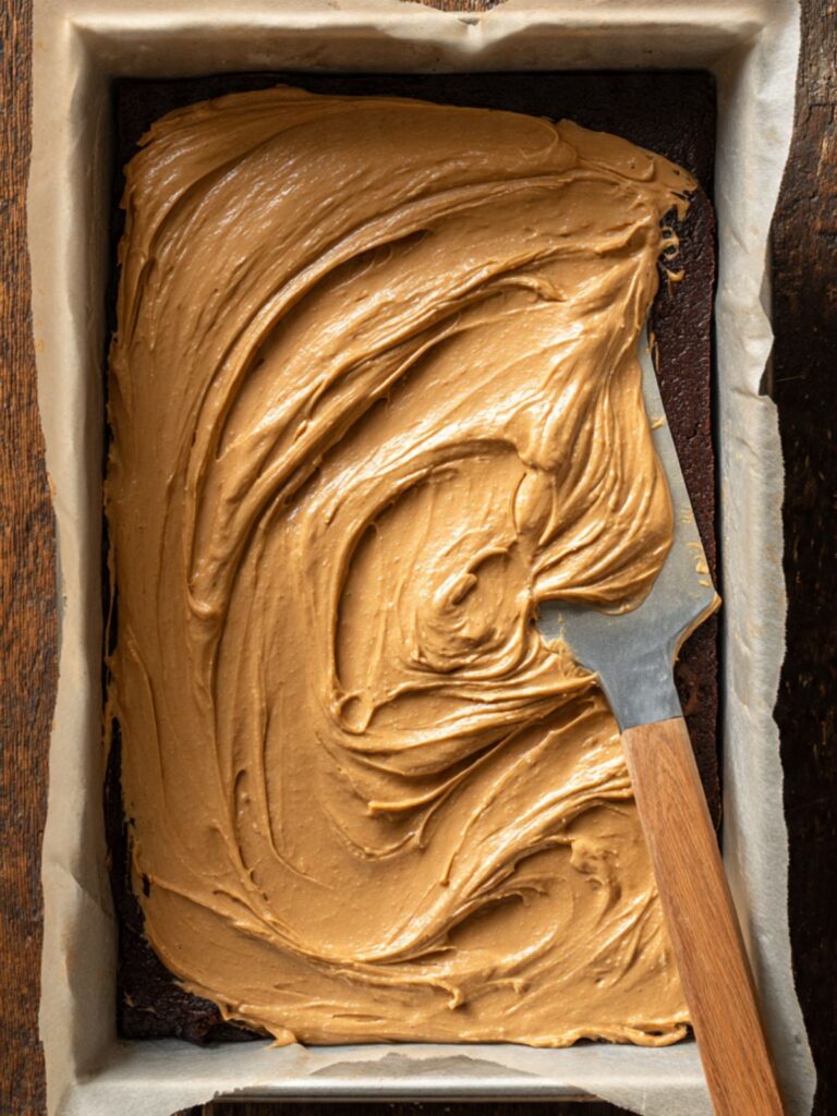 Thick peanut butter filling being spread over dark chocolate cake batter in a parchment-lined 9x13 pan with offset spatula