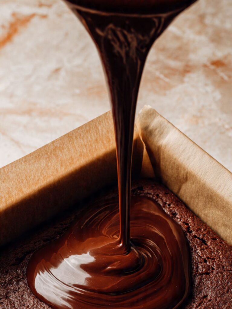 Dark chocolate ganache being poured over cooled peanut butter dump cake in pan, glossy drizzle cascading across the surface