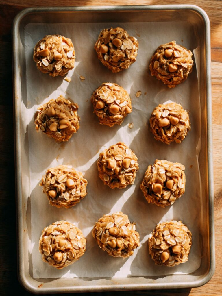 Peanut butter oatmeal cookie dough balls portioned onto a parchment-lined baking sheet ready to bake