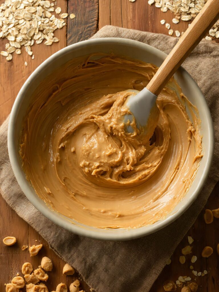 Peanut butter oatmeal cookie dough being mixed in a large bowl with a silicone spatula