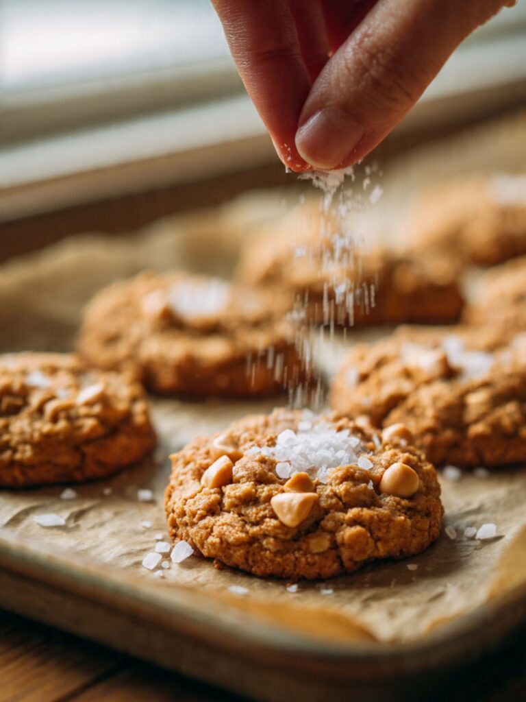 Hand sprinkling flaky sea salt over freshly baked peanut butter oatmeal cookies on a baking sheet