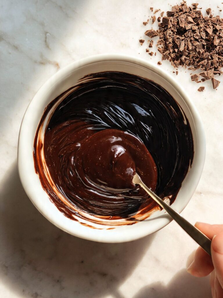 Dark chocolate ganache being stirred in a small bowl for peppermint mocha cupcake drizzle on a marble surface