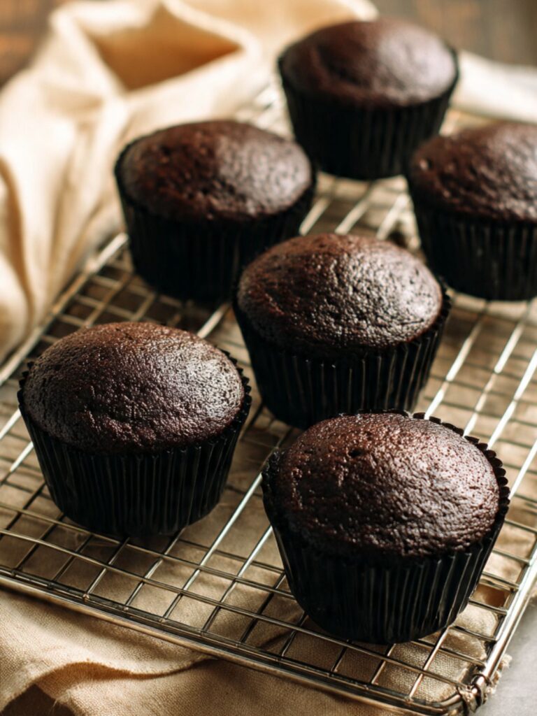 Freshly baked dark chocolate peppermint mocha cupcakes cooling on a wire rack with domed tops and black foil liners