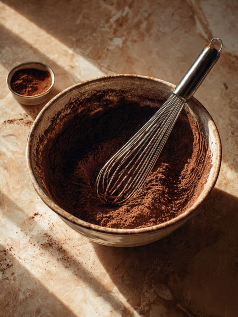 Dutch-process cocoa powder and dry ingredients whisked together in a large mixing bowl for peppermint mocha cupcakes
