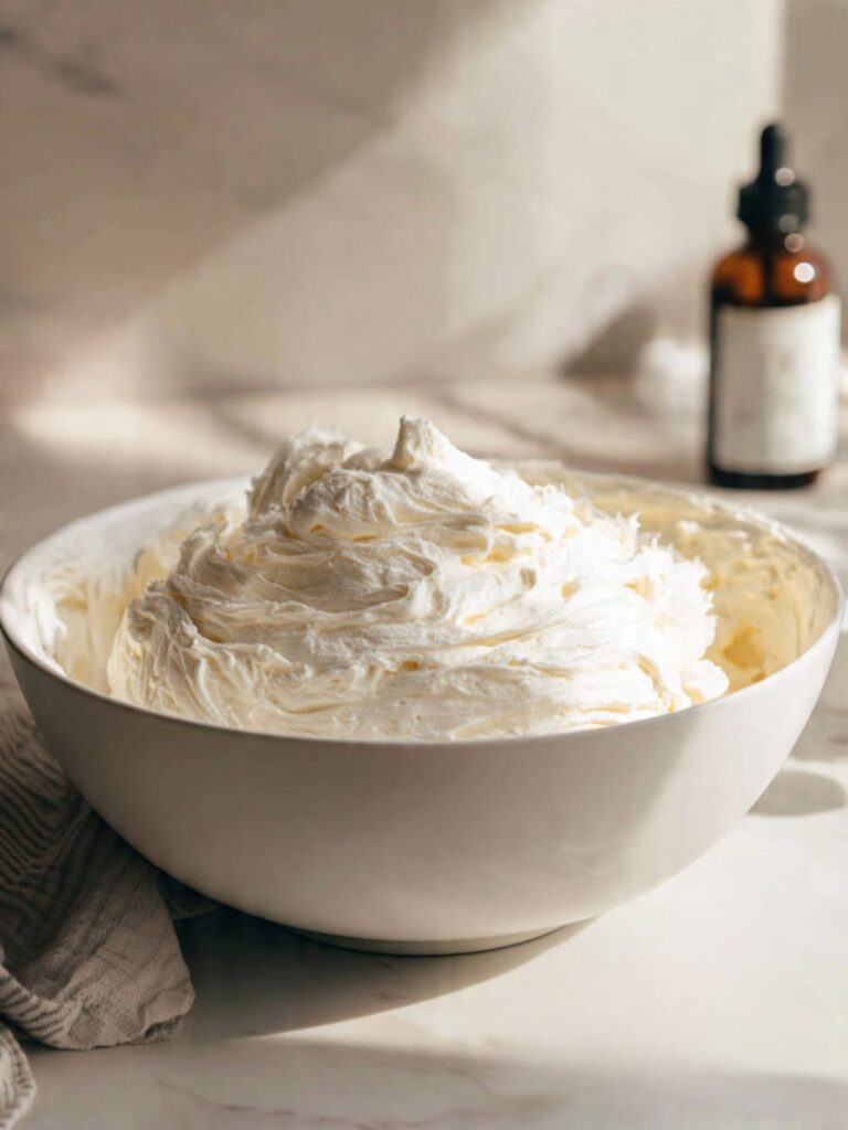 Bright white stiff peppermint buttercream in a mixing bowl with hand mixer beaters for peppermint mocha cupcakes