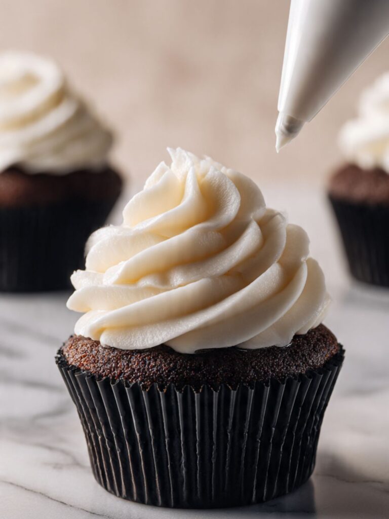 A piping bag with Wilton 1M tip piping tall white peppermint buttercream swirl onto a dark chocolate cupcake