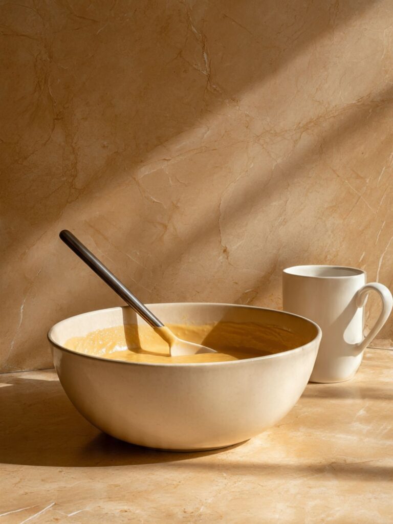 Hot brewed coffee being poured into a bowl of wet ingredients for peppermint mocha cupcake batter
