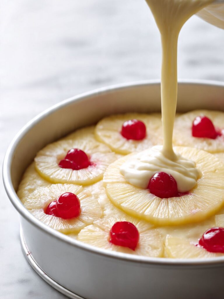 Yellow cake batter being poured from a mixing bowl over arranged pineapple rings and maraschino cherries in a round cake pan