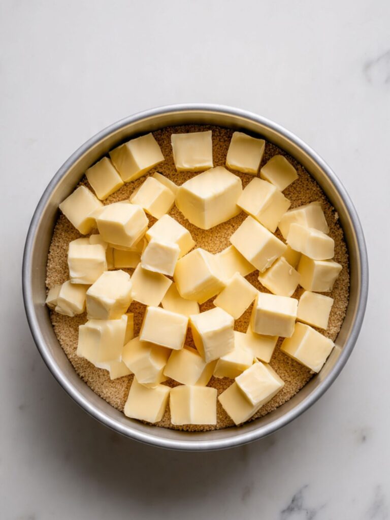 Round aluminum cake pan with butter pieces and packed brown sugar layered across the base for pineapple upside down dump cake