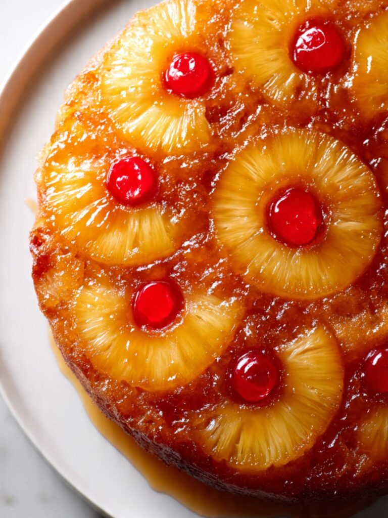 Freshly inverted pineapple upside down dump cake on white plate with glossy amber caramel glaze flowing over pineapple rings and cherries