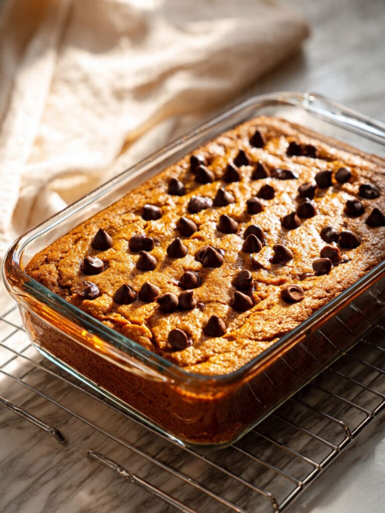 Pumpkin chocolate chip cookie bars in glass baking dish cooling on wire rack showing set edges and glossy chocolate chip topping