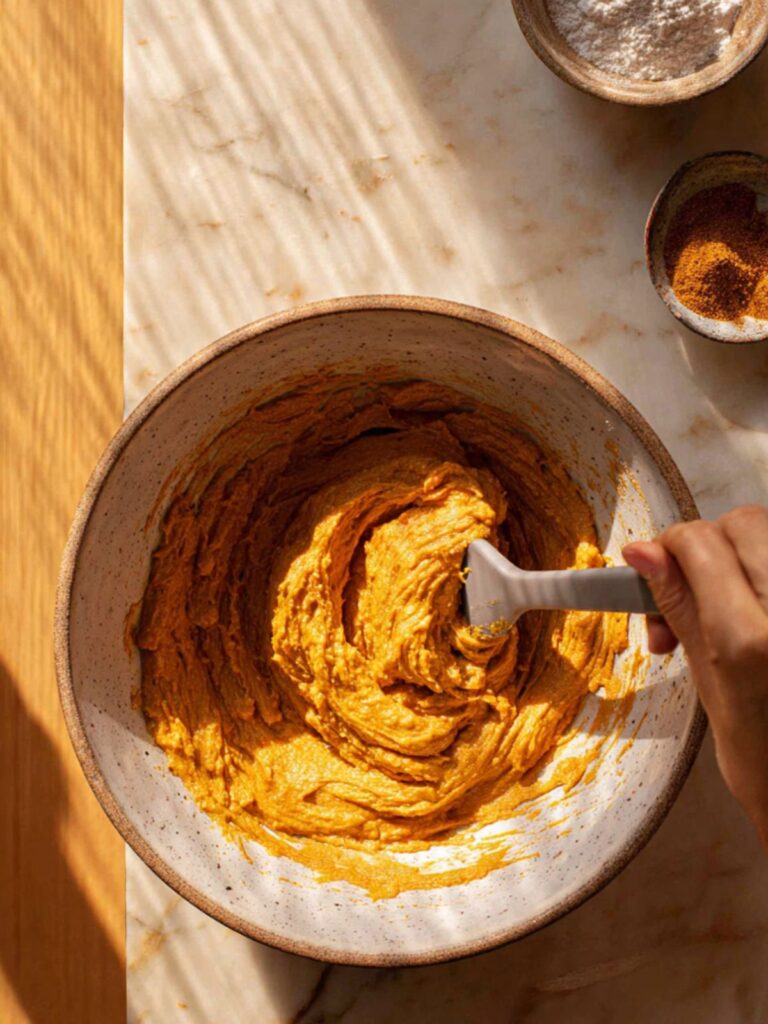 Silicone spatula folding flour into pumpkin batter in mixing bowl showing thick spiced batter for pumpkin chocolate chip bars