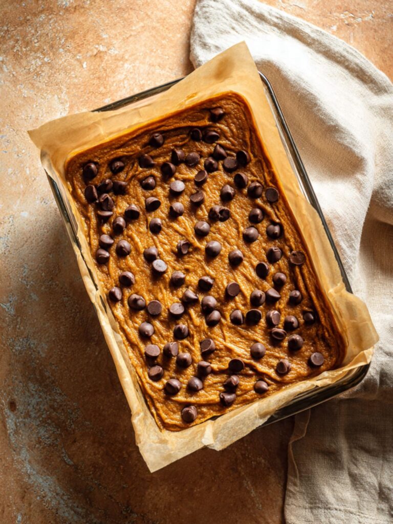Unbaked pumpkin chocolate chip bar batter spread in parchment lined glass dish with semi-sweet chocolate chips pressed into surface