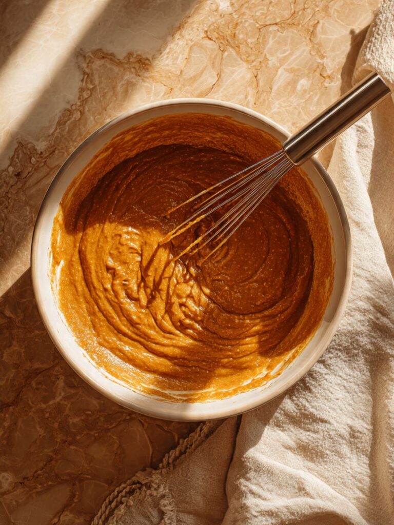 Pumpkin purée butter and brown sugar whisked together in mixing bowl showing deep amber glossy batter for pumpkin cookie bars