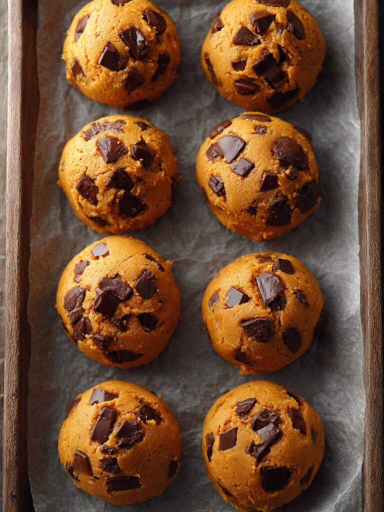 Pumpkin chocolate chip cookie dough balls on parchment lined baking pan with dark chocolate chunks pressed on top before baking
