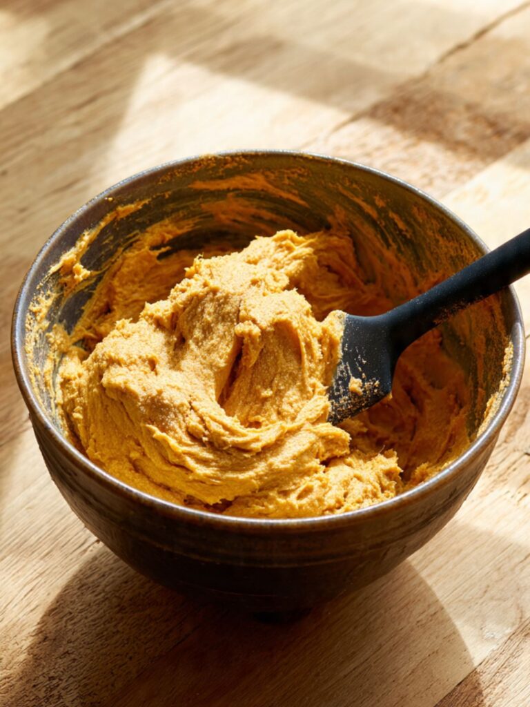 Pumpkin cookie dough being folded in a mixing bowl with a silicone spatula showing spiced flour being incorporated into orange batter