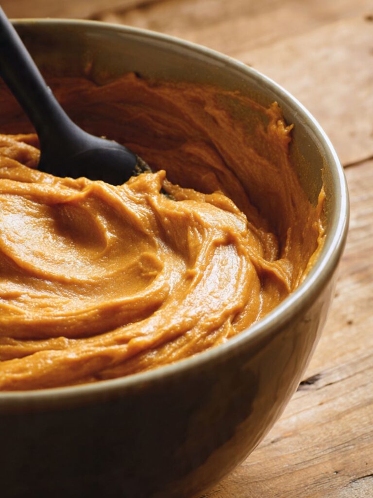 Deep orange pumpkin cookie batter in a large mixing bowl after wet ingredients are combined showing smooth glossy texture