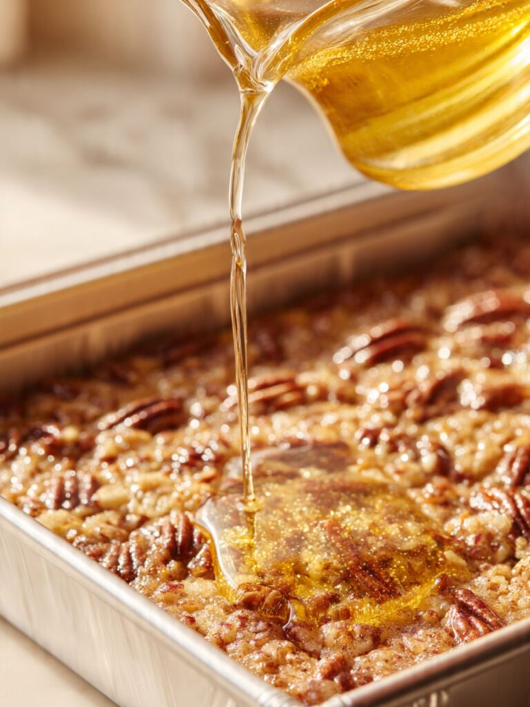 Melted butter drizzled in even grid pattern over pecan and cake mix topping in pumpkin dump cake pan