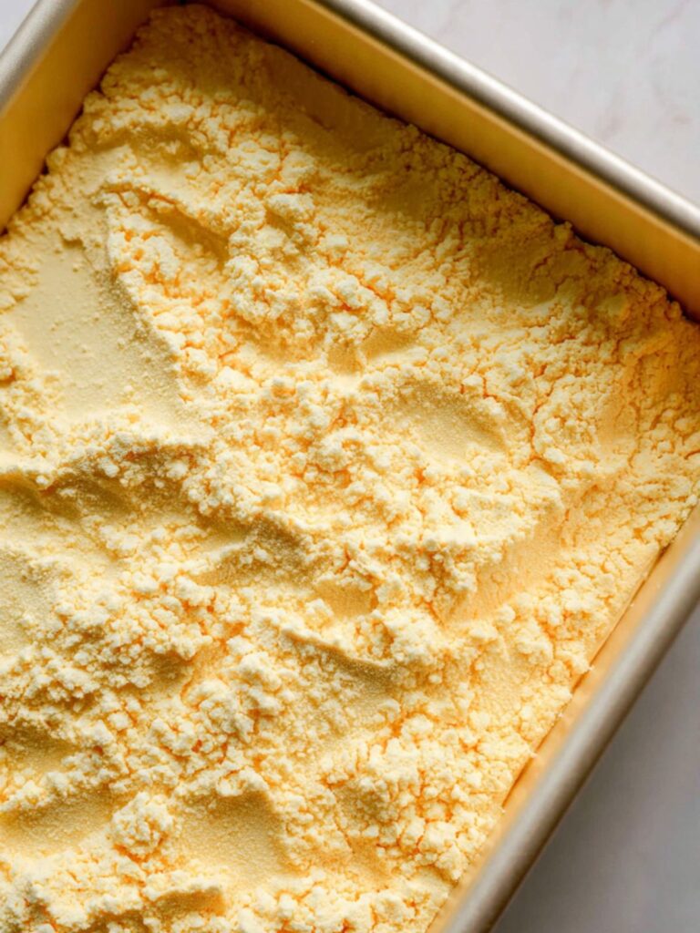 Yellow cake mix poured in an even dry layer over pumpkin filling in a 9x13 baking pan before butter is added