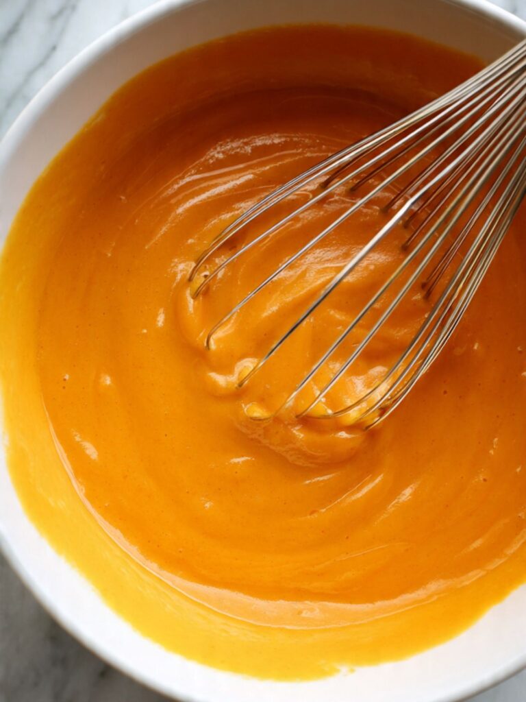 Deep amber pumpkin dump cake filling whisked smooth in a large mixing bowl ready to pour into pan