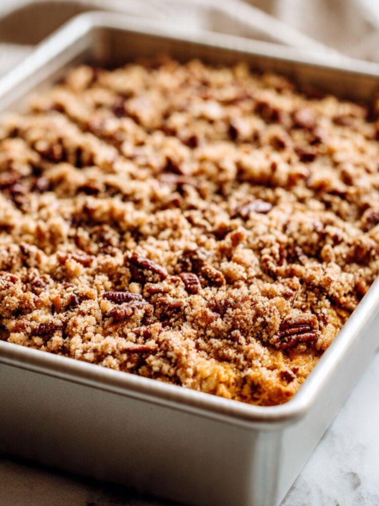 Pumpkin dump cake fresh from oven with deep golden pecan streusel topping in light aluminum baking pan