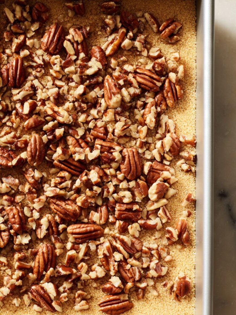 Roughly chopped pecans and brown sugar scattered evenly over dry cake mix layer in baking pan before butter drizzle
