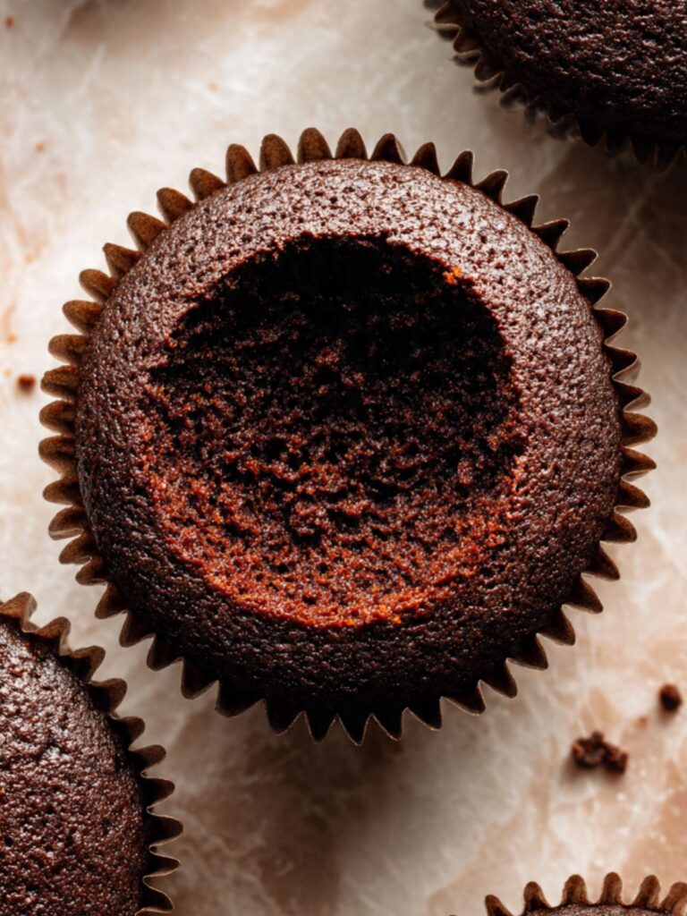Cooled chocolate cupcake being cored with a small round corer, clean cavity visible in center