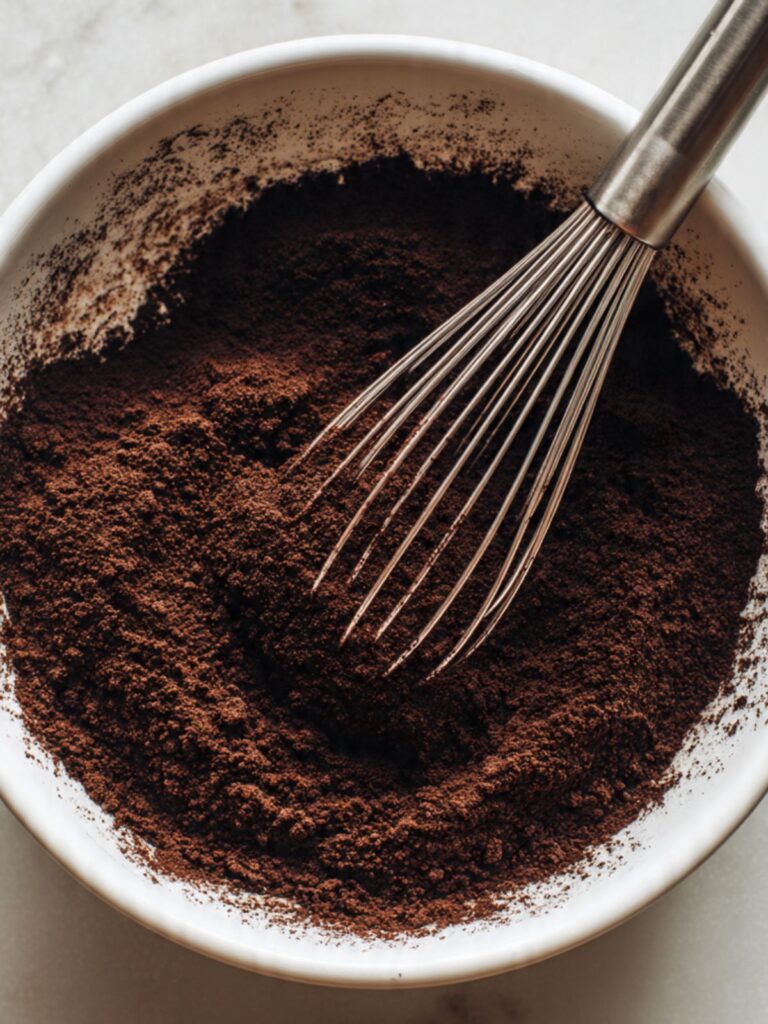 Dark cocoa dry ingredient mixture in a large white mixing bowl, whisked smooth with no clumps