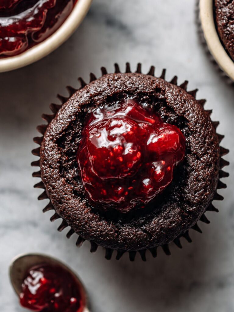 Dark chocolate cupcake cavity filled with glossy ruby red raspberry compote, spoon alongside