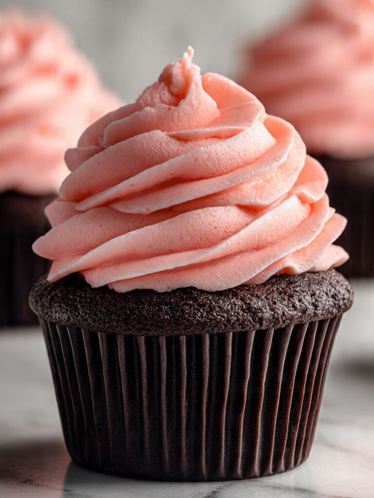 Pale pink raspberry buttercream being piped in a tall dome onto a dark chocolate cupcake